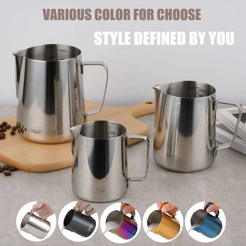 Milk Frothing Pitcher Set 12 Oz 20 Oz 32 Oz Stainless Steel Espresso Steaming Pitchers on table with color options shown