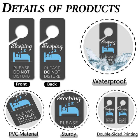 Sleeping Do Not Disturb Door Hanger Signs Black PVC Double Sided 9x4 Inch Two Pack waterproof with details shown