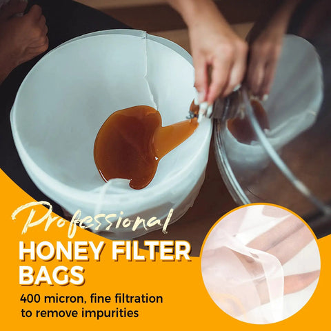 Pouring honey into six pack ultra fine honey filter bags with food grade nylon mesh for five gallon buckets.