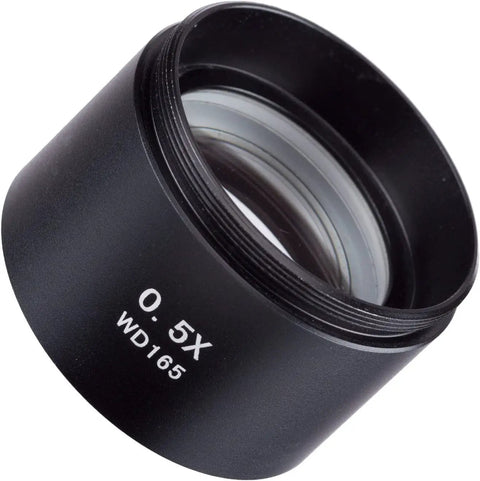 0.5x Barlow Lens For SM Series Stereo Microscopes 48mm Mount, Doubles Working Distance And Field Of View, Ideal Upgrade For SM And SW Microscopes, Delivers Clear Pro Grade Viewing And A Slick Setup. Black metal 0.5x Barlow lens with 48mm thread