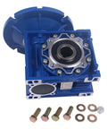 Front view of blue HOLDWELL MRV050 worm gear speed reducer (30:1, 56C) with mounting screws and washers.