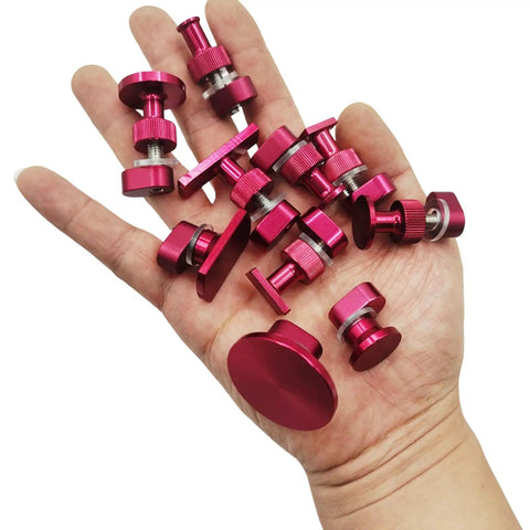 Heavy Duty Compact Auto Body Repair Kit With Sliding Hammer Dent Puller Tool For Quick Parkingdent Removal showing red metal tools on a hand.