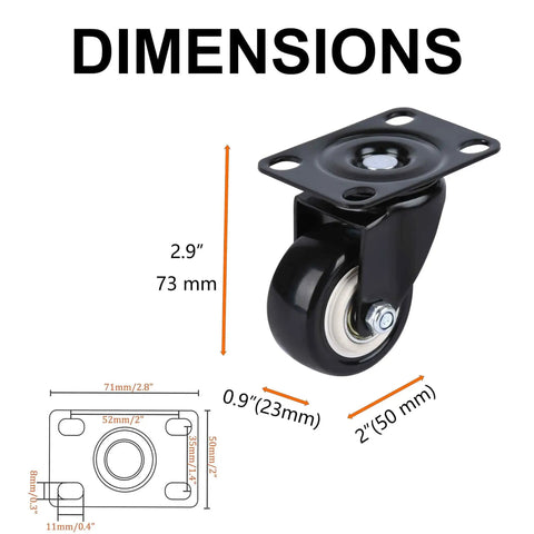 Built Tough Heavy Duty Two Inch Swivel Caster Wheel Sets Gliding On Sealed Double Ball Bearings with dimensions shown.