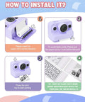 How to install Instant Print Camera For Kids With 2.4 Inch Screen And Quick Photo Printing, purple camera with paper roll steps