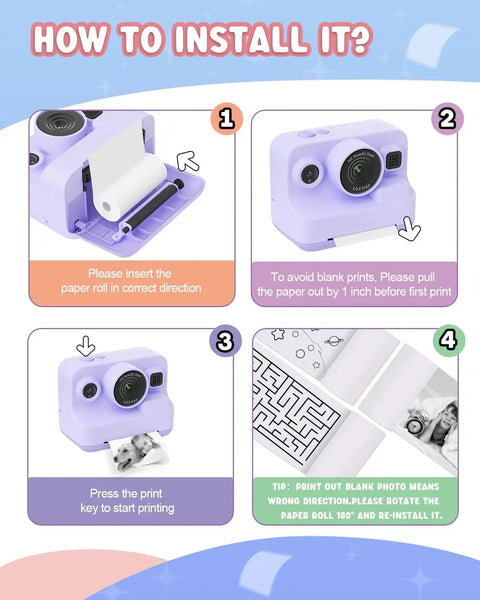 How to install Instant Print Camera For Kids With 2.4 Inch Screen And Quick Photo Printing, purple camera with paper roll steps