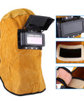 Cowhide Leather Welding Hood With Auto Darkening Lens Pancake Style Welding Helmet Mask For Arc Welding Heavy Duty Pro Grade