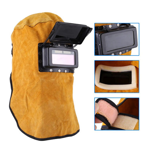 Cowhide Leather Welding Hood With Auto Darkening Lens Pancake Style Welding Helmet Mask For Arc Welding Heavy Duty Pro Grade