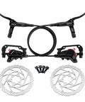 Complete Hydraulic Disc Brake Conversion Kit For Mountain Bikes With Two Ventilated Steel Rotors And Heavy Duty Metal Levers mounted on black handlebars.
