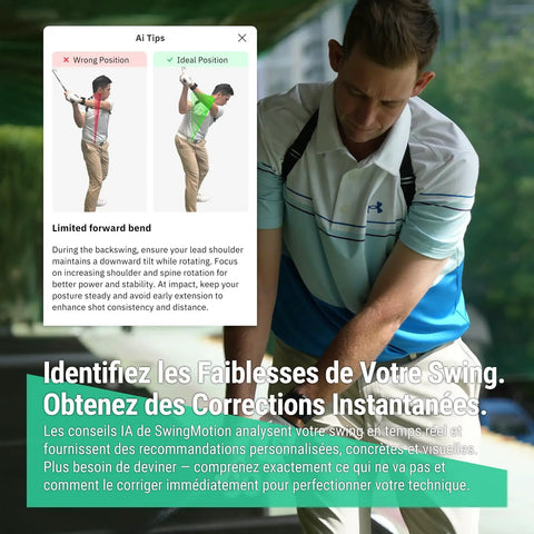 Man uses SwingMotion Golf Swing Trainer And Analyzer With Dual Wearable IMU Sensors for 3D swing analysis and real-time feedback.