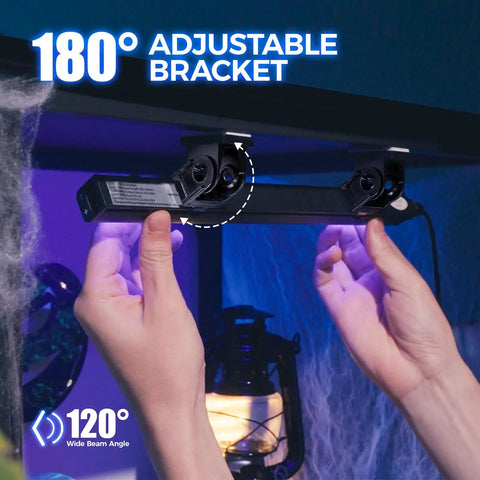 Hands adjusting Blacklight Strip Lights 10W 1ft USB Black Light Bar with 180° bracket for Halloween decor and body paint glow.
