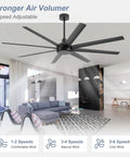 65 Inch Ceiling Fan With Remote Control No Light Black DC Motor Ultra Quiet 8 Reversible Blades in modern living room