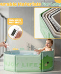 No Sweat Portable Folding Toddler Bathtub Equipped With Reliable Temperature Indicator Sticker And Swift Side Drain Valve For Effortless Rinsing And Compact Home Use, showing child enjoying water, thermometer indicating 60°C.