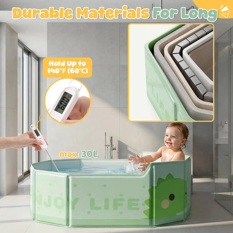 No Sweat Portable Folding Toddler Bathtub Equipped With Reliable Temperature Indicator Sticker And Swift Side Drain Valve For Effortless Rinsing And Compact Home Use, showing child enjoying water, thermometer indicating 60°C.