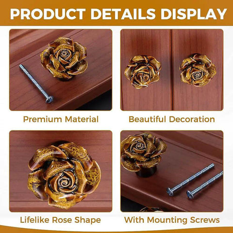 Six Pack Yellow Vintage Flower Premium Ceramic Cabinet Knobs And Drawer Pulls with lifelike rose shape and mounting screws.