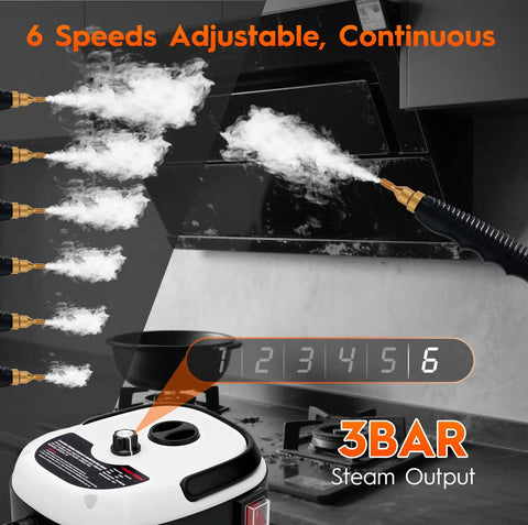 Badass Steam Cleaner For Home Use 2500W Portable Handheld Steamer showing adjustable steam output with six settings.