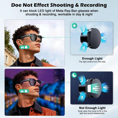 2 Pack LED Light Blocking Covers For Meta Smart Glasses, demo of glare reduction during day and night, focus on Ray-Ban models.