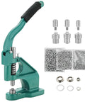 Three Die Hand Press Grommet Machine Kit With 1500 Eyelets and dies 0 2 4, showing machine and metal components
