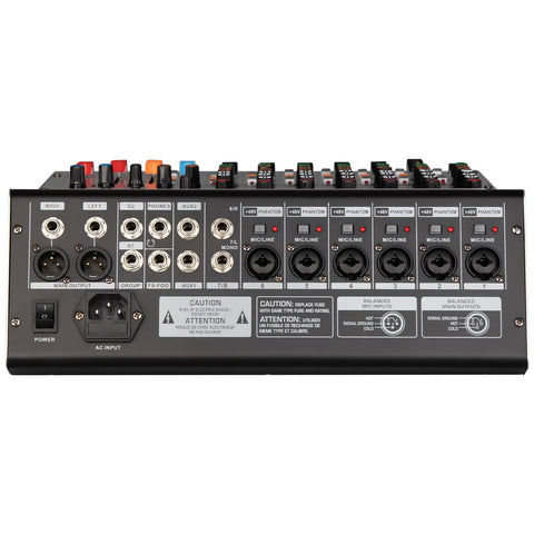 Back panel view of 8 Channel Audio Mixer With MP3 Player USB Recording And Grouping 2 AUX Interfaces 99 DSP Effects.