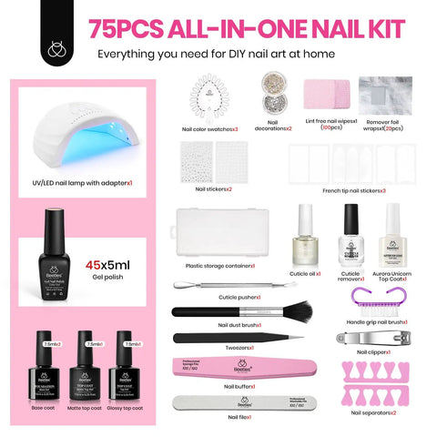 75-piece all season gel nail kit with UV LED lamp, 45 color gels, tools, and accessories for at-home manicures and art