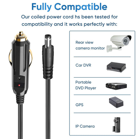 Kickstart Your Road Trips With This 6.5Ft DC Power Cord Featuring A Snug 5.5X2.1Mm Cigarette Lighter Plug For 12V To 24V Vehicles. Coiled design for compatible use with various devices.
