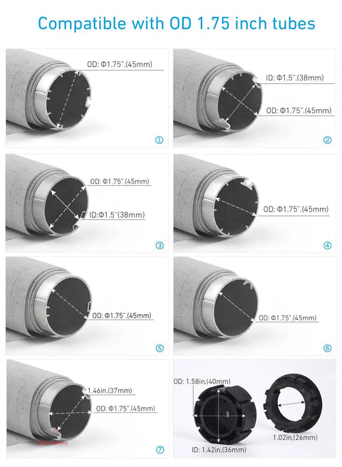 Diagram of 1.75 Inch Roller Shade Battery Powered Motor With Remote Control For Solar Roller Shades Windows, tube compatibility details
