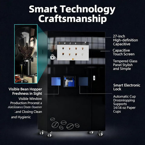Black hotel coffee vending station with bean-to-cup brew, 27-inch touch screen, visible bean hopper, and smart technology features.