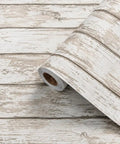 No Fuss Peel And Stick Wallpaper Featuring Distressed Brown Wood Grain Faux Shiplap Pattern on a roll for cabinet wraps.