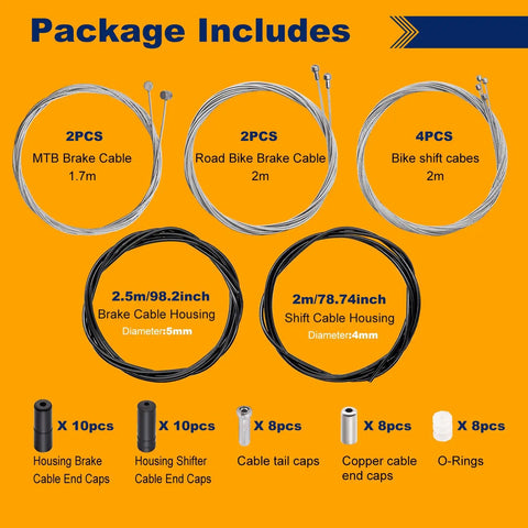 Package contents of Durable Bicycle Brake Cable And Shift Cable Kit With Stainless Steel Housing For Mountain And Road Bikes.