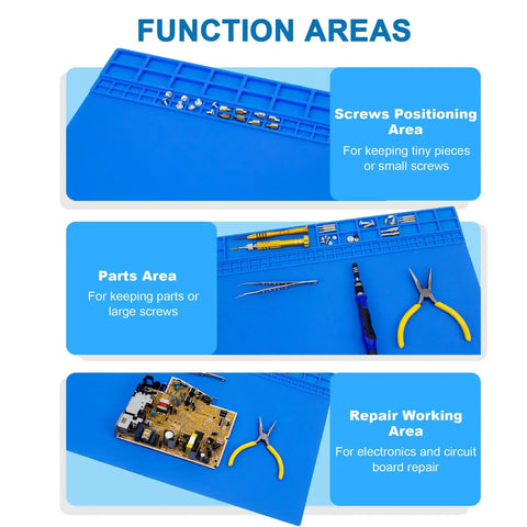 Extra Large Pro Grade Soldering Mat With Wrist Strap 23.6 By 13.8 Inches Heat Resistant 932 F Silicone Workbench Pad showing parts areas
