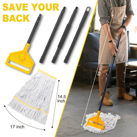 Commercial Heavy Duty Mop Pack Legit Tough On Grime Features 60 Inch Long Handle With Super Absorbent Cotton Loop End Design For Industrial Floor Cleaning And Busy Workspaces Straight Up Reliable, showing mop head and handle.