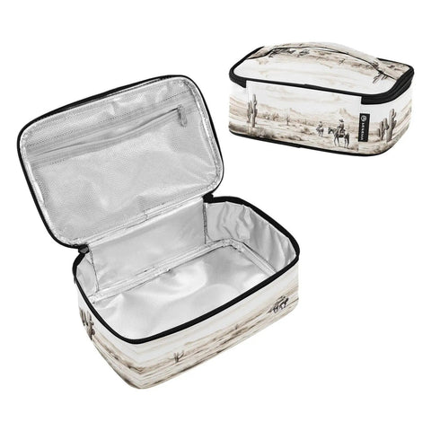 Open and closed views of Grab And Go Desert Cowboys Insulated Lunch Bag With Leakproof Cooler, showing spacious interior and exterior design.