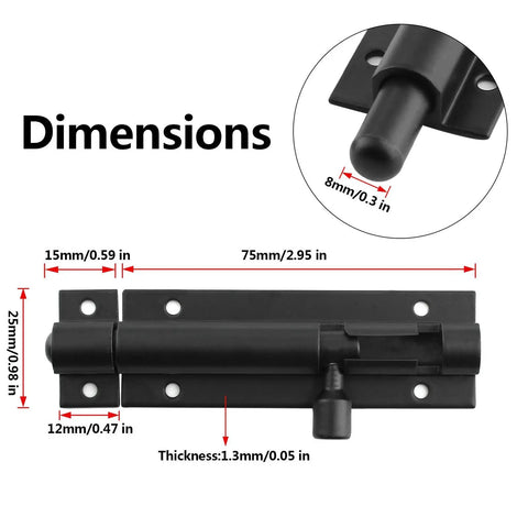 Diagram showing dimensions of two pack 3 inch aluminum door latch bolt sliding lock kit with thick 1.3mm bar, matte black finish.