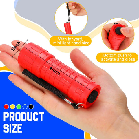 60 Pack 9 LED Handy Mini Flashlights With Lanyards AAA Batteries Included Bulk Set For Home School Night Reading Emergencies Gifts Fresh Colors Kid Safe Plastic Lights shown in red, 4-inch size, with lanyard and push button off/on feature.