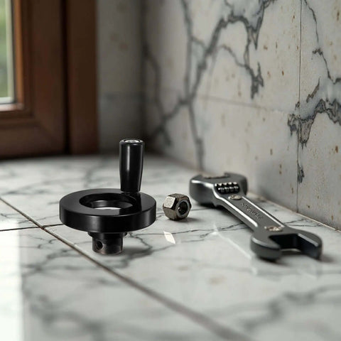 Dual Installation Black Bakelite And Aluminum Alloy Crank Handle Grip on marble surface with tools