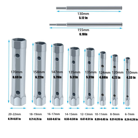 All In One Spark Plug And Plumbing Wrench Set with dual ended socket wrenches, extended 6 to 22mm range, shown in various sizes.