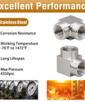 3/8 NPT Female 90 Degree Stainless Steel Elbow Fitting Forged High Pressure Connector 304 Stainless Heavy Duty for Hydraulic and Filtration Systems Gauge Ready 4350 Psi with temperature and pressure details