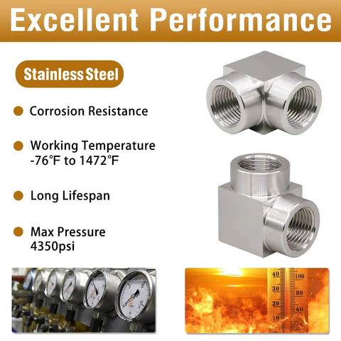 3/8 NPT Female 90 Degree Stainless Steel Elbow Fitting Forged High Pressure Connector 304 Stainless Heavy Duty for Hydraulic and Filtration Systems Gauge Ready 4350 Psi with temperature and pressure details