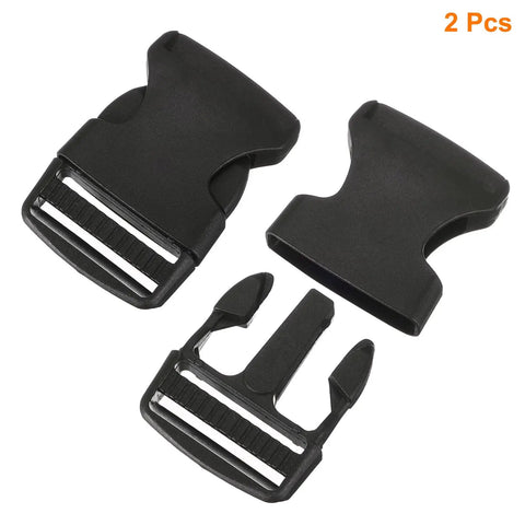 2 Pack 1-1/2 Inch Side Release Buckles in black, separated view showing durable plastic clips for backpacks and luggage straps.