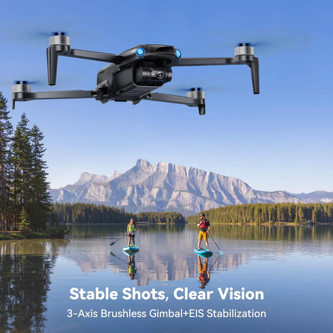 Pocket Size Drone With 4K UHD Camera And 3 Axis Gimbal flying over lake with paddleboarders, mountains in background.