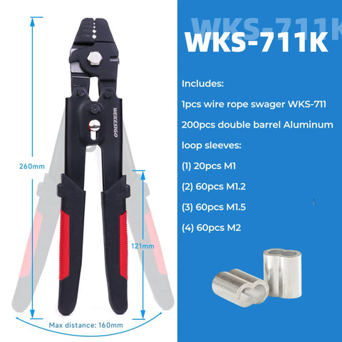 Front view of Heavy Duty Wire Rope Swager Tool Kit For Crimping Aluminum Ferrule Sleeves 0.1 To 2.2mm Includes 200 Pieces In Four Sizes