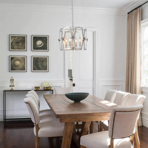 Dining room with Brushed Nickel Drum Pendant Chandelier For Dining Room 4 Light Modern Round Fixture Above Wooden Table
