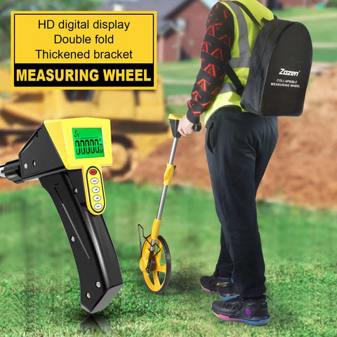 Person using Digital Measuring Wheel With Backlit Display Foldable Handle Up To 99,999 Feet Or 99,999 Meters Portable
