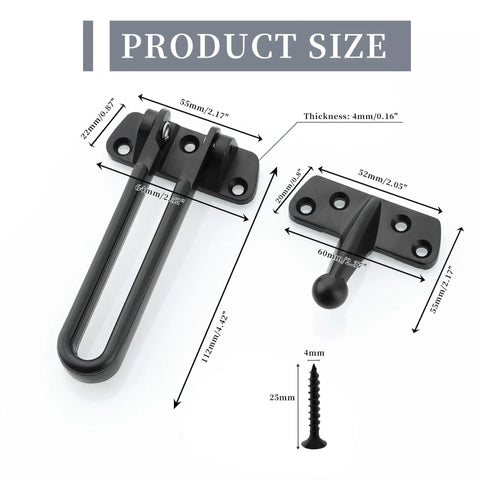 Heavy Duty Swing Bar Door Lock With Secure Latch Guard Clasp And Rust Resistant Zinc Alloy Frame For Inward Swinging Doors product size diagram with measurements.