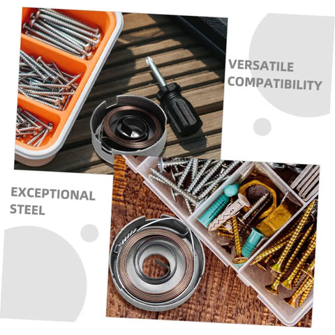 Built Tough Drill Press Quill Feed Return Spring And Replacement Coil Kit Heavy Duty Steel 2.04 By 1.75 Inches overview showing screws and tools.