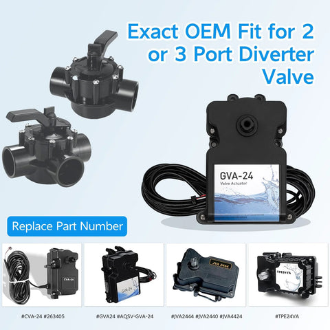 GVA-24 pool valve actuator with 15 ft cable, shown with two 2/3-port diverter valves, black plastic