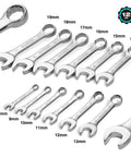 Stubby Metric Combination Wrench Set 12 Piece 8 To 19 mm Chrome Vanadium Hand Tools For Tight Spots Rust Resistant Chrome Finish Short Beam For Accessing Hard To Reach Fasteners, angled set view