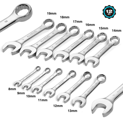 Stubby Metric Combination Wrench Set 12 Piece 8 To 19 mm Chrome Vanadium Hand Tools For Tight Spots Rust Resistant Chrome Finish Short Beam For Accessing Hard To Reach Fasteners, angled set view
