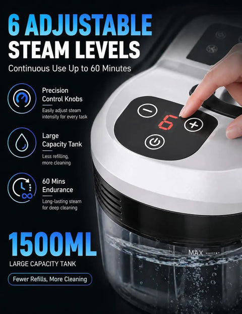 Beast Mode Handheld Steam Cleaner With 2500W Rapid Heat And 1800Ml Big Tank, showing 6 adjustable steam levels with 1500ml capacity.