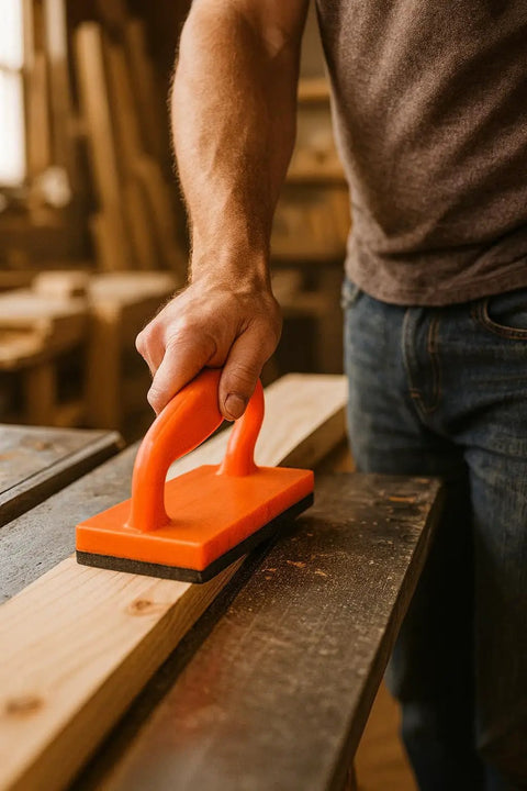 Hand using Pro Grade 5 Piece Woodworking Table Saw Safety Push Block Set with long orange push block for saw table