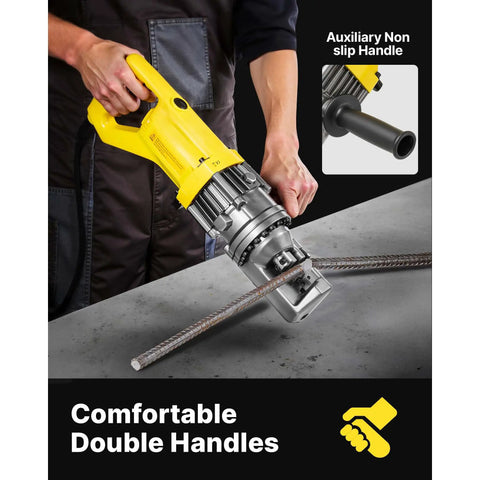Happybuy Electric Hydraulic Rebar Cutter showing comfortable double handles for easy cutting of #5 up to 16mm steel bars.